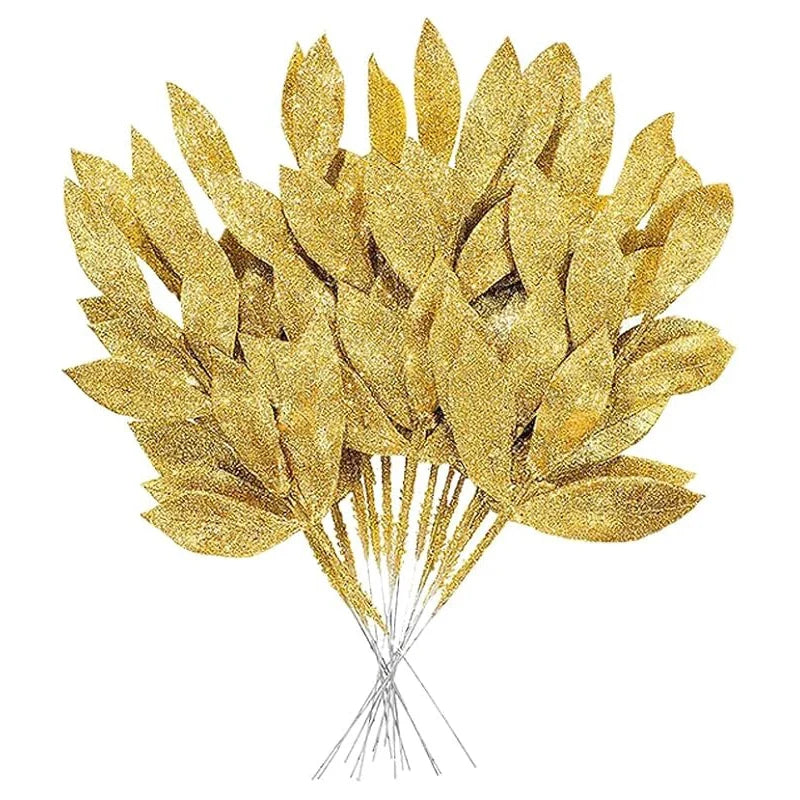 Trendbay 10Pcs Gold Glitter Christmas Leaves – 34 cm Artificial Branch Picks