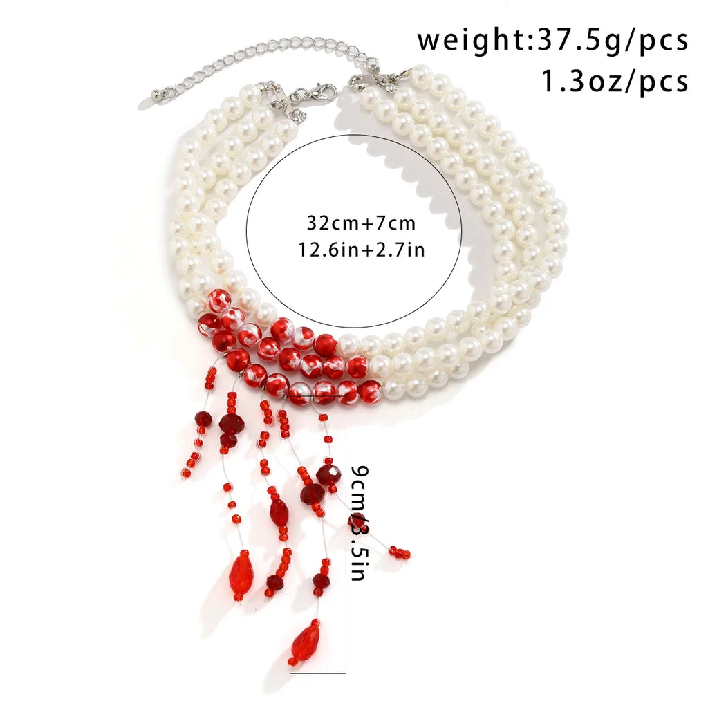 Trendbay Layered Gothic Blood Pattern Imitation Pearl & Crystal Bead Tassel Necklace