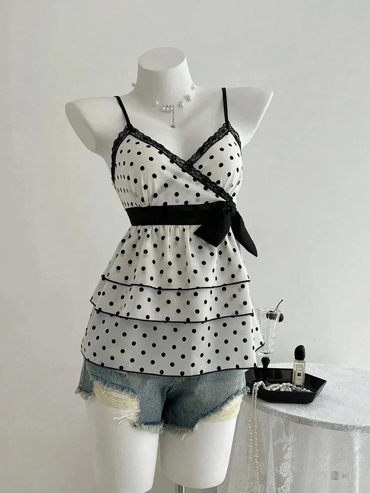 Trendbay Women's Retro Lace Patchwork Polka Dot Camisole