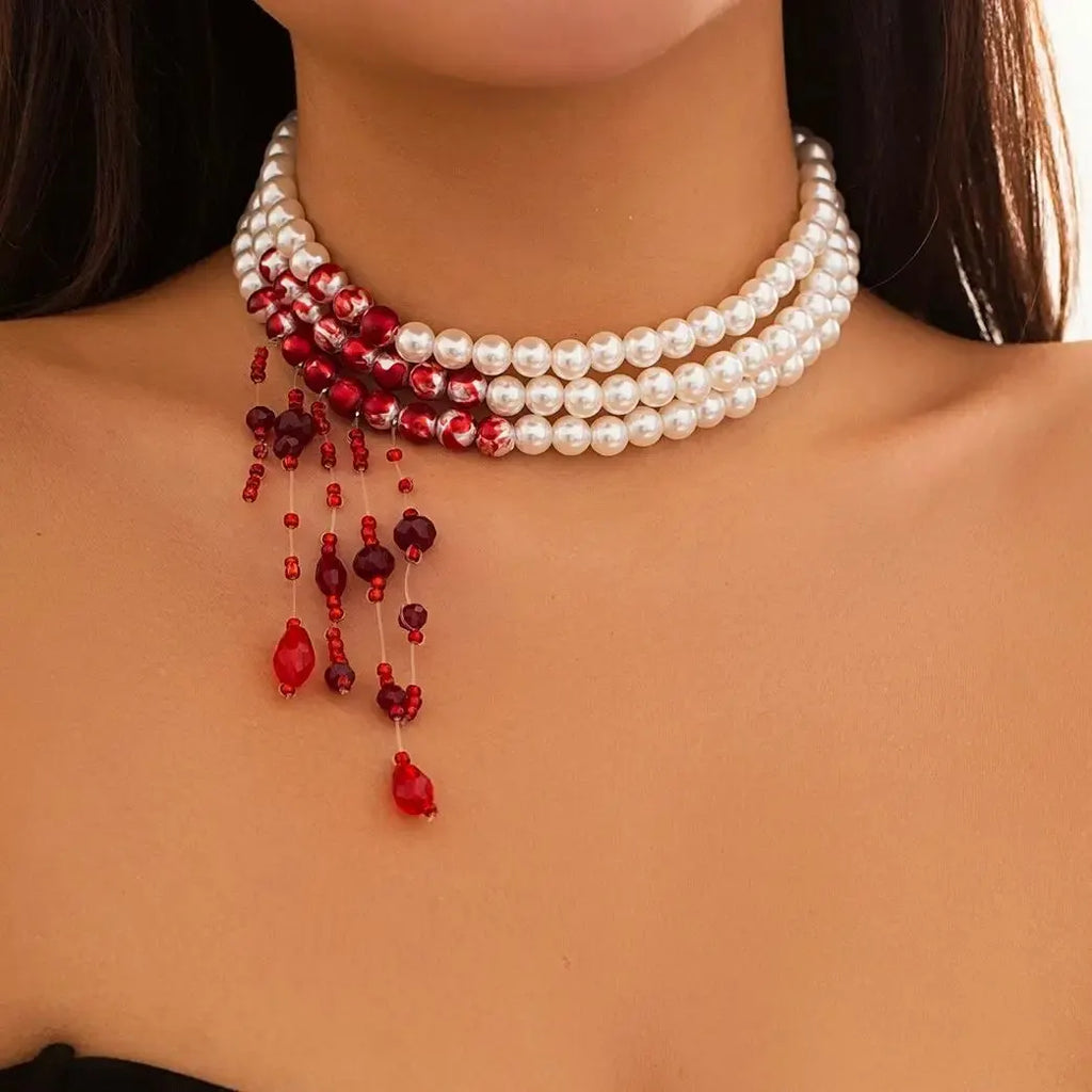 Trendbay Layered Gothic Blood Pattern Imitation Pearl & Crystal Bead Tassel Necklace