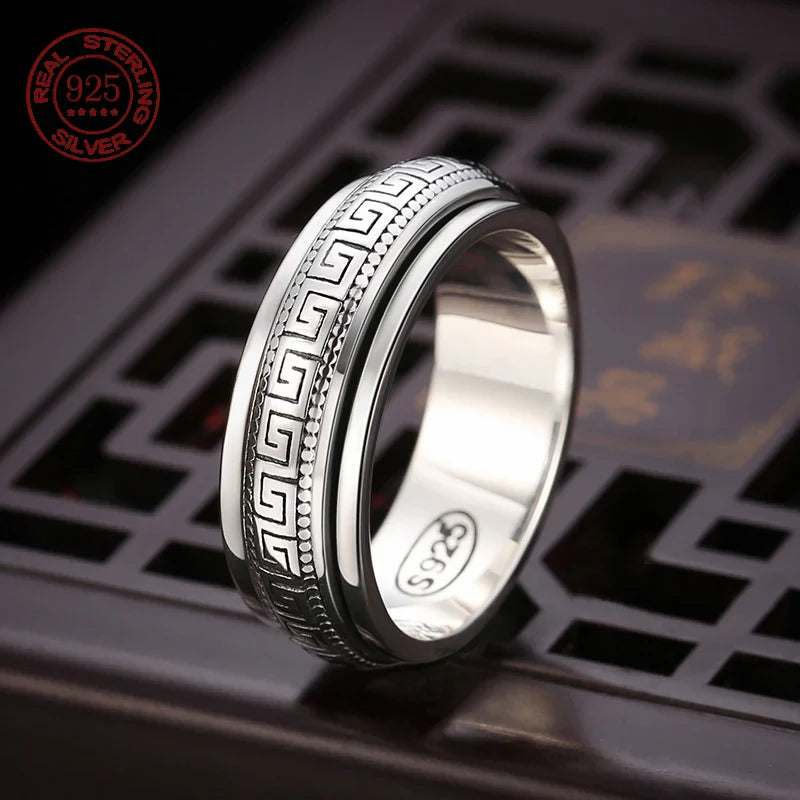 Trendbay 925 Sterling Silver Great Wall Spinner Ring – Double-Layer Rotating Band for Men & Women
