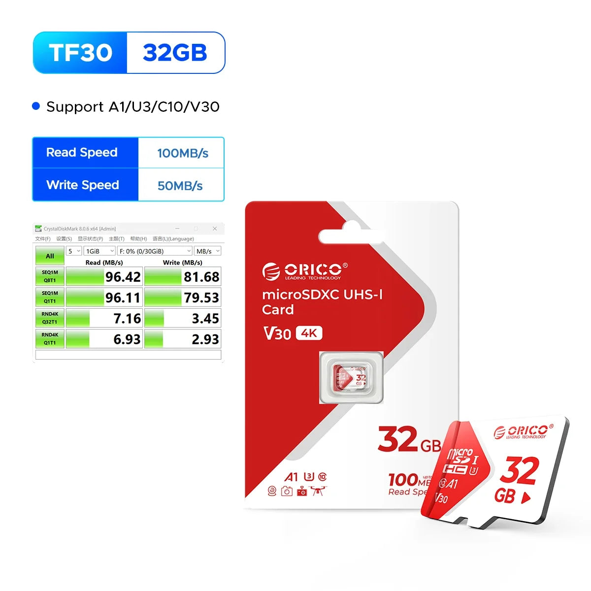 Trendbay ORICO 32GB MicroSD Memory Card A1 U3 Class 10 V30 High-Speed
