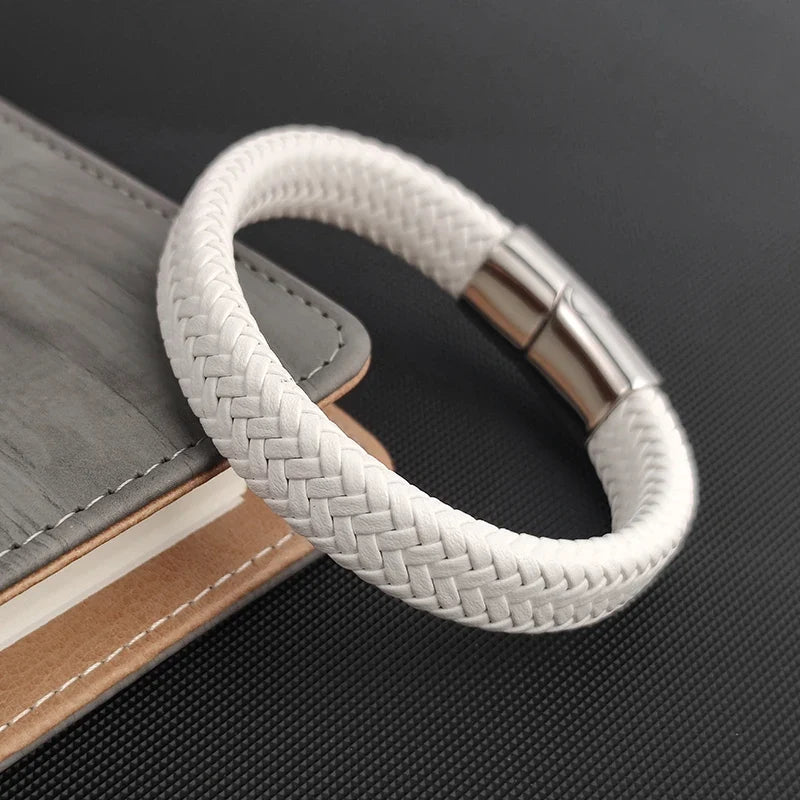 Trendbay White Leather Braided Bracelet for Men