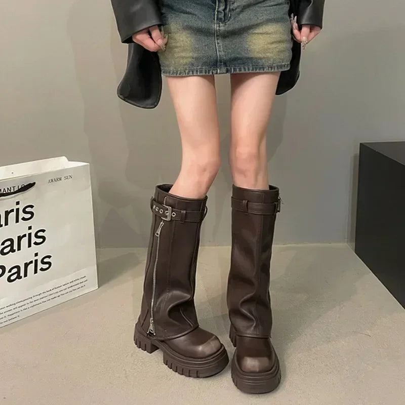 Trendbay Women's Knee-High Platform Biker Boots
