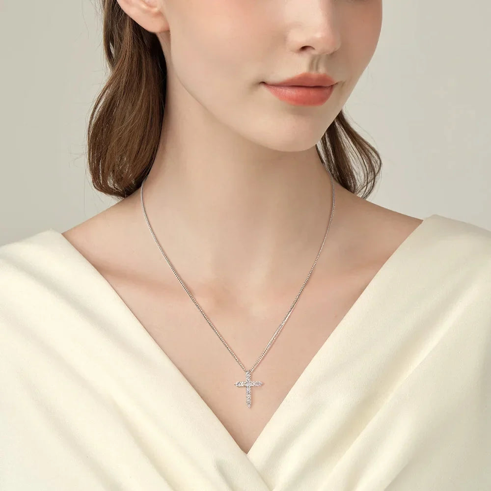 Trendbay 925 Sterling Silver Moissanite Cross Pendant Necklace – 2.5–5mm Cross Necklace for Men & Women