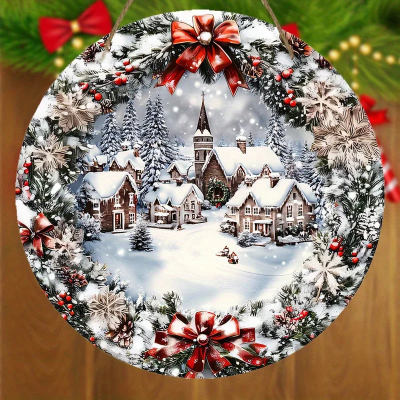 Trendbay 2D Flat Christmas Wooden Sign Ice & Snow Town Wreath