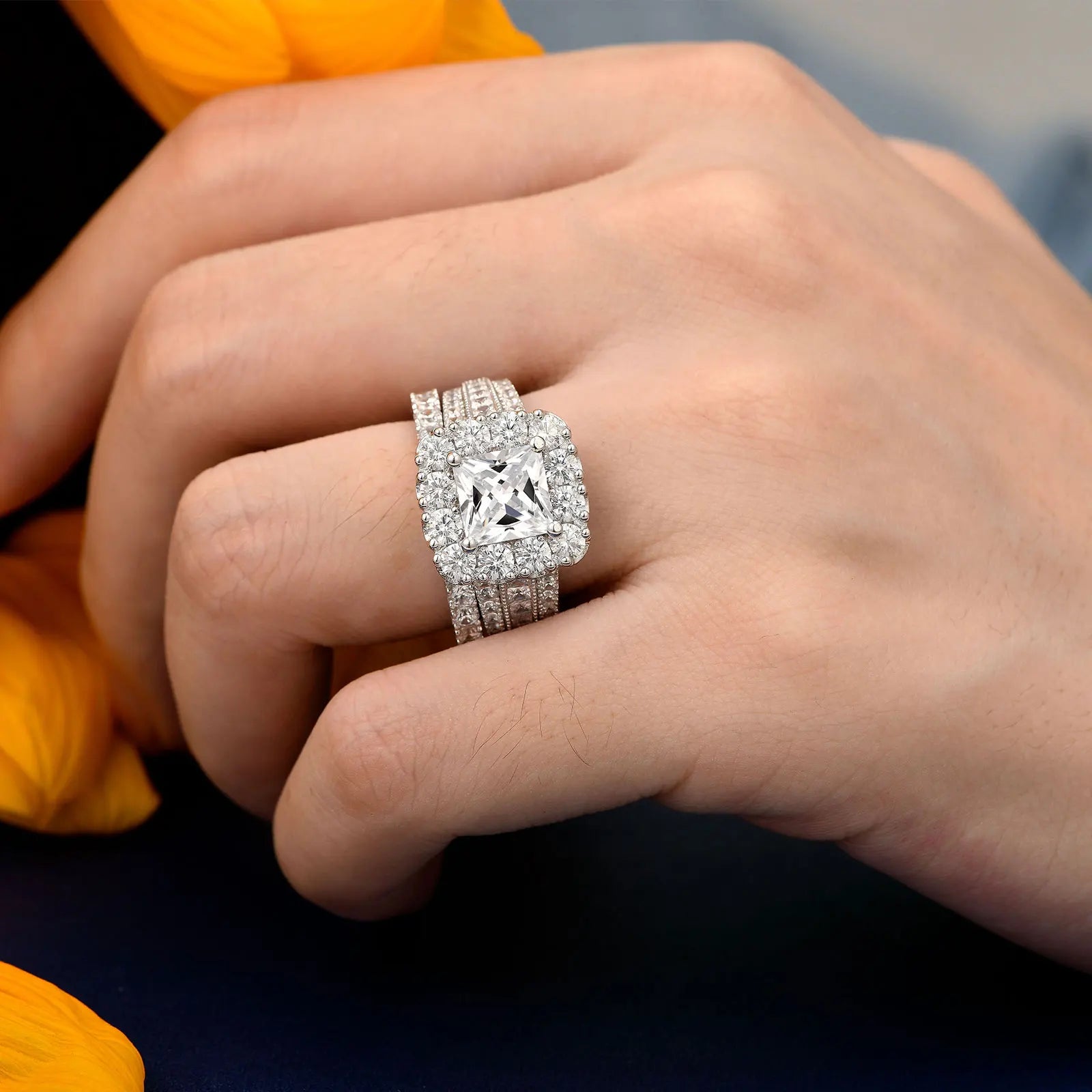 Trendbay Silver Halo Princess Cut Cubic Zirconia Engagement Ring – Vintage Wedding Ring for Women