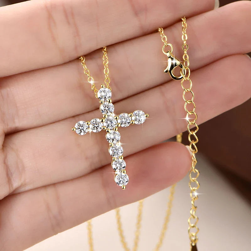 Trendbay 14K Gold Filled Moissanite Cross Pendant Necklace – D Color Round Moissanite with GRA Certificate