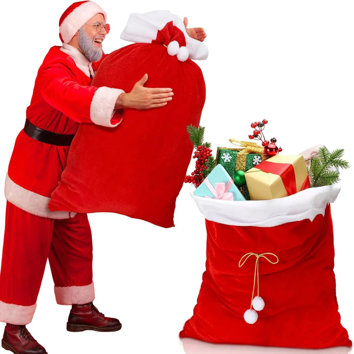 Trendbay Large Red Velvet Christmas Gift Bag with White Pompom