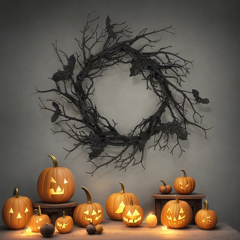 Trendbay 45cm Halloween Artificial Bat Branch Wreath with LED Light