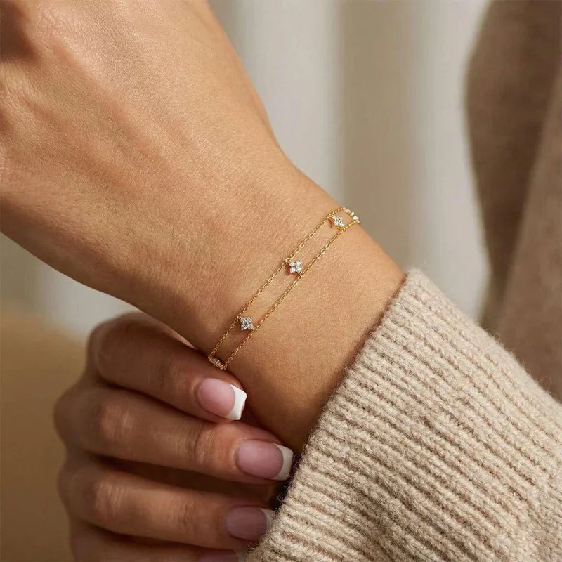 Trendbay 14K Gold Filled Four-Leaf Clover Double Chain Bracelet – 2mm Certified Moissanite Bracelet for Women