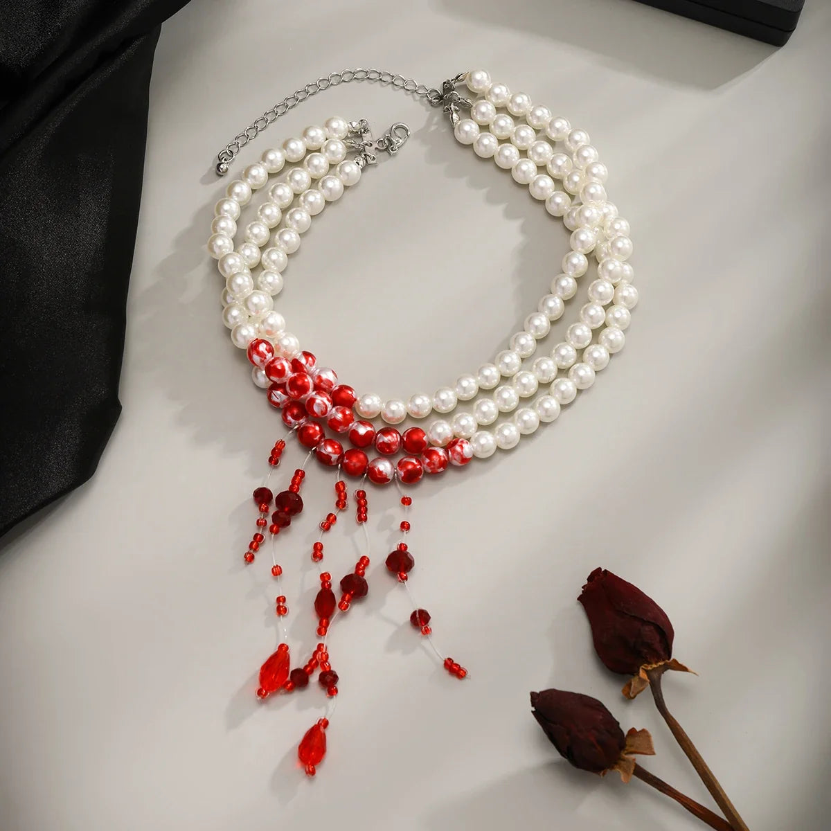 Trendbay Layered Gothic Blood Pattern Imitation Pearl & Crystal Bead Tassel Necklace