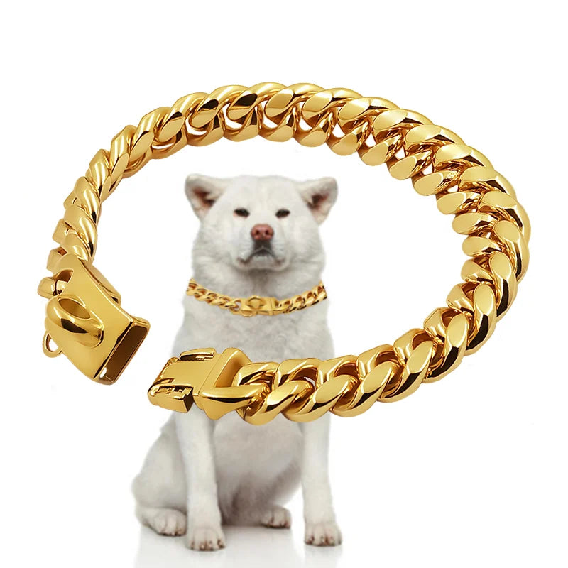 Trendbay Stainless Steel Cuban Link Dog Collar – Heavy-Duty Metal Pet Chain for Dogs