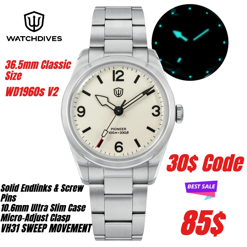 Trendbay 36.5mm Vintage Quartz Watch with Sapphire Crystal & 100M Water Resistance