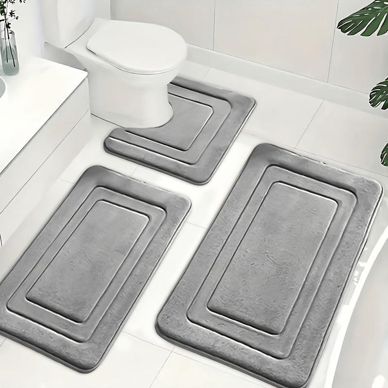 Trendbay 3pcs Grey Memory Foam Bathroom Mat Set Non-Slip Quick-Dry