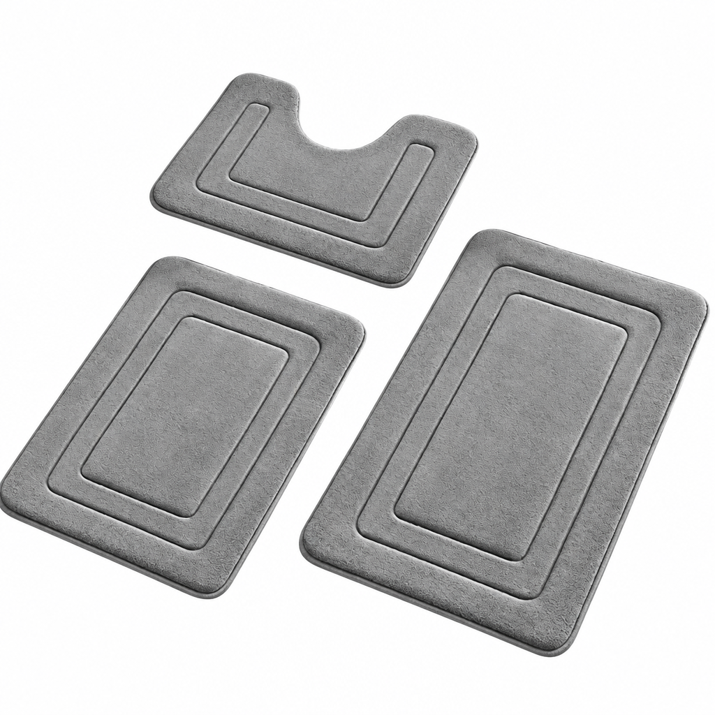 Trendbay 3pcs Grey Memory Foam Bathroom Mat Set Non-Slip Quick-Dry