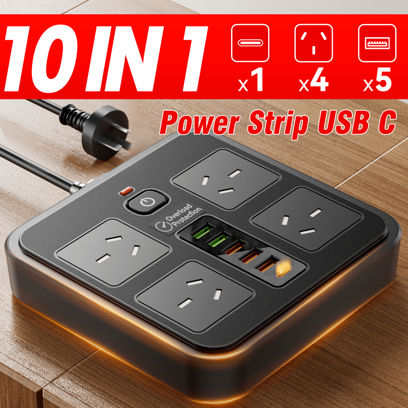 Trendbay 10-in-1 Power Strip – 4 Outlets, 6 USB (USB-C), Surge Protection