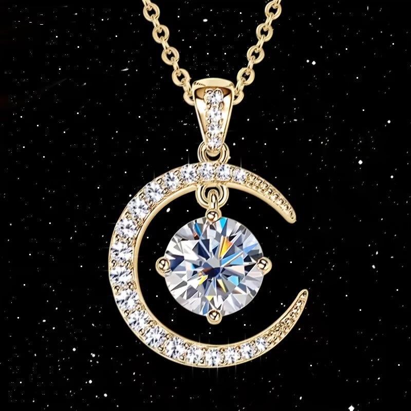 Trendbay Sterling Silver Moon Pendant Necklace with Moissanite – Gold-Plated Elegant Women's Necklace