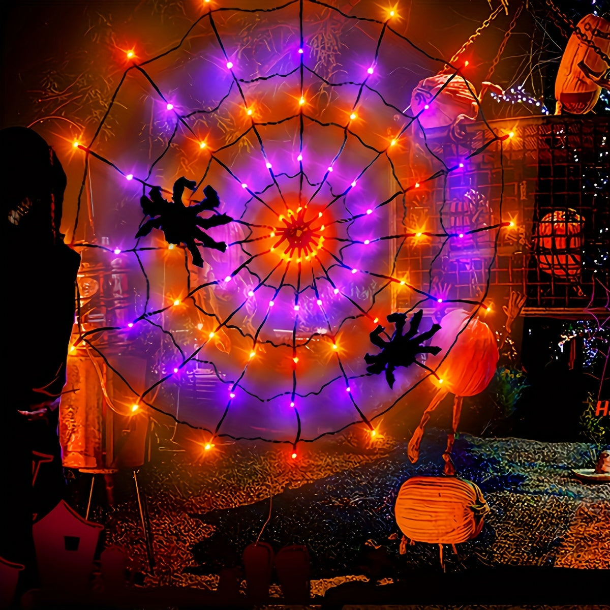 Trendbay 120 × 120CM Halloween Spider Web LED Light – Purple & Orange