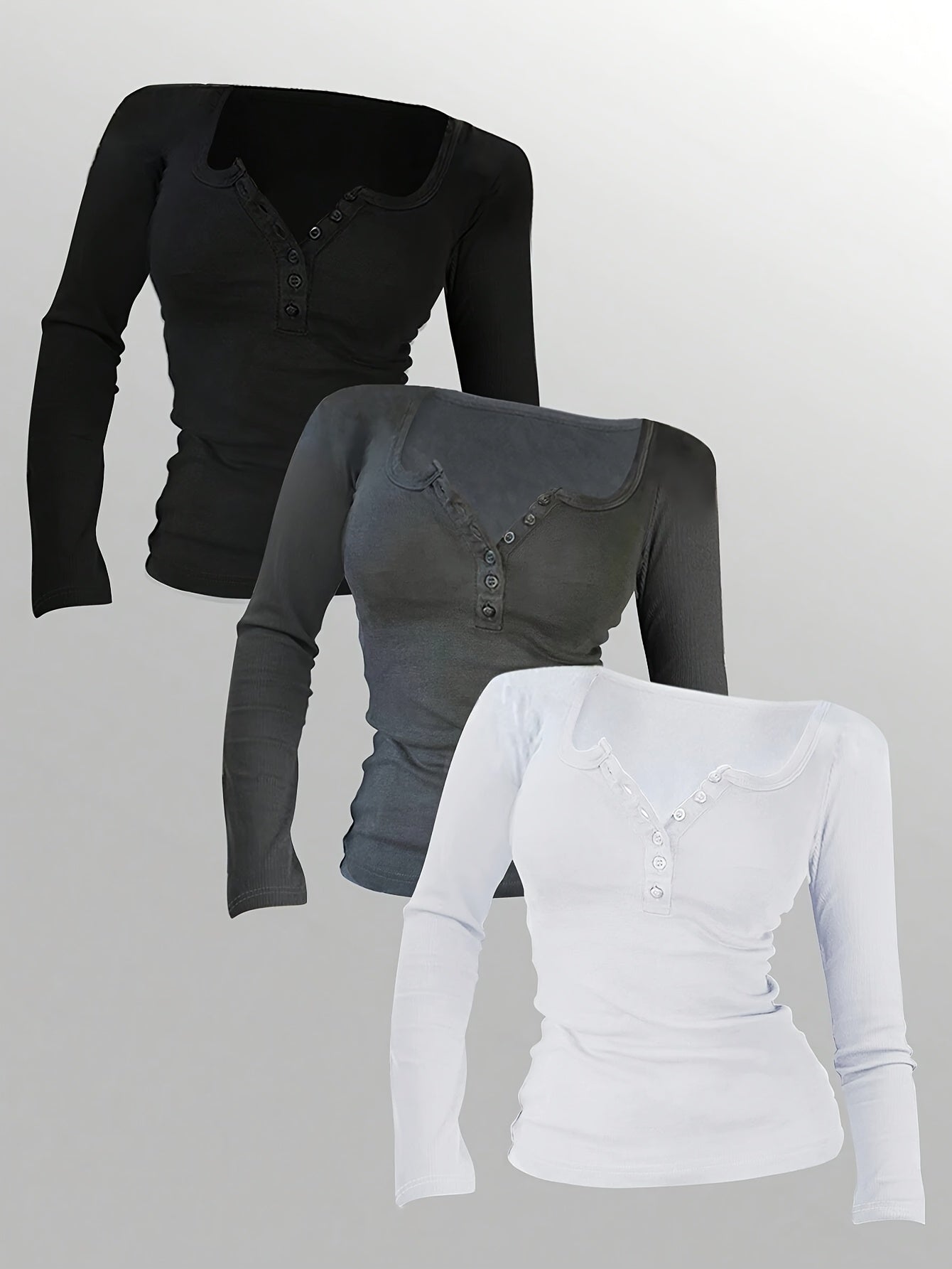 Trendbay 3-Piece Women's Button-Up Long Sleeve T-Shirt Set