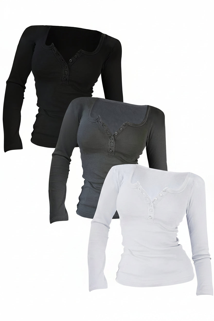 Trendbay 3-Piece Women's Button-Up Long Sleeve T-Shirt Set