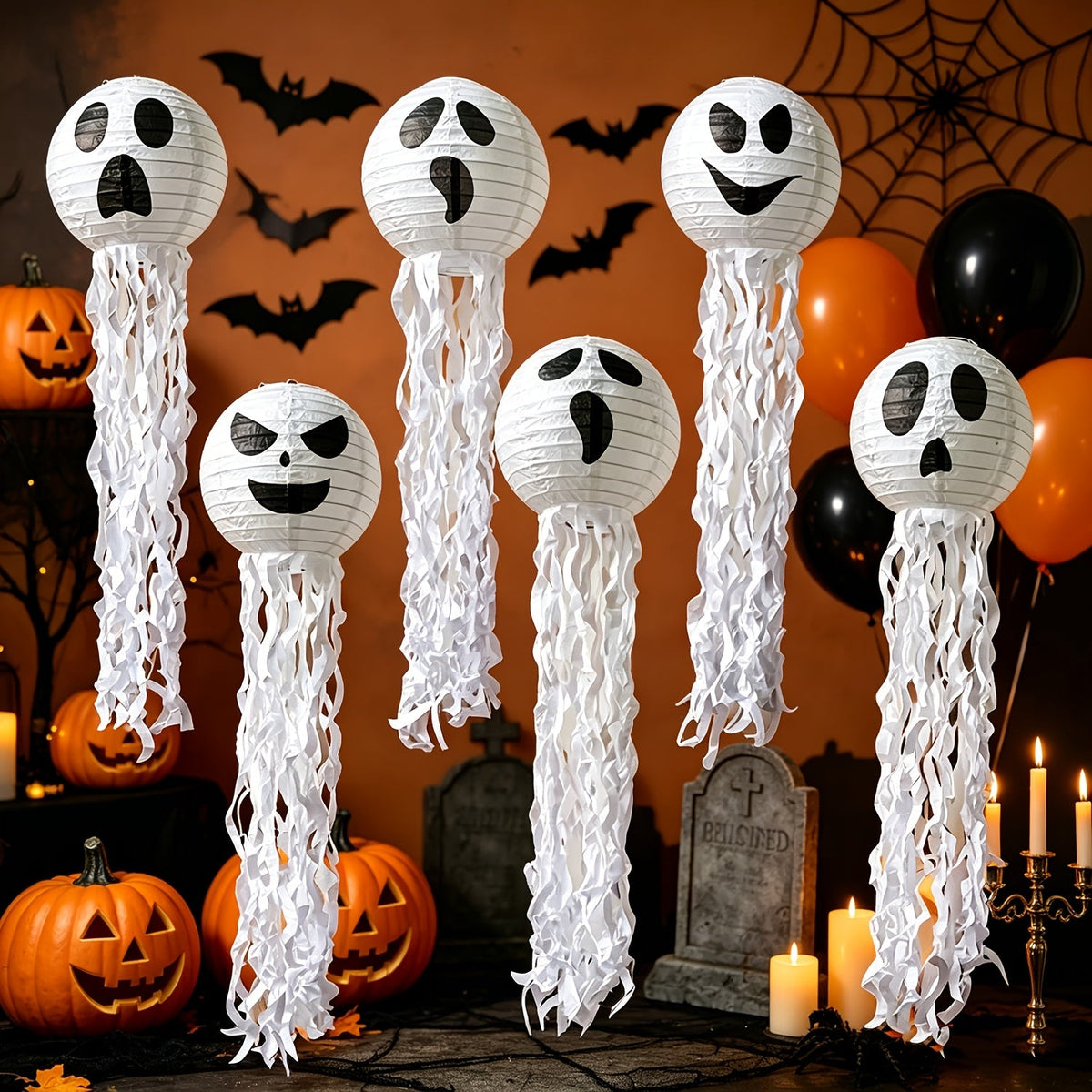 Trendbay 6pcs Halloween Paper Lanterns 78×20CM White Spooky