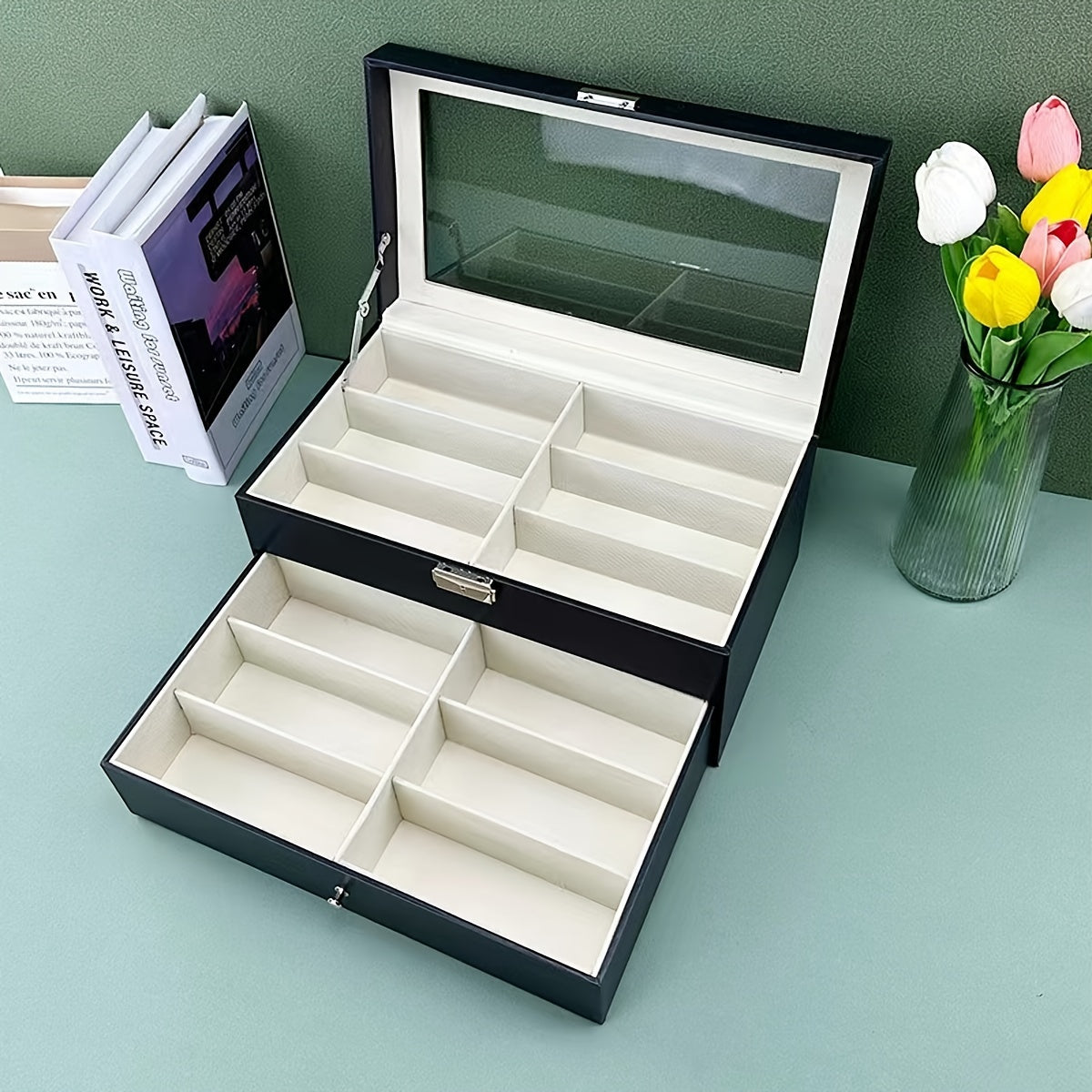 Trendbay 12-Slot Double-Layer Glasses Storage Box – Eyewear & Jewelry Organizer with Display Lid
