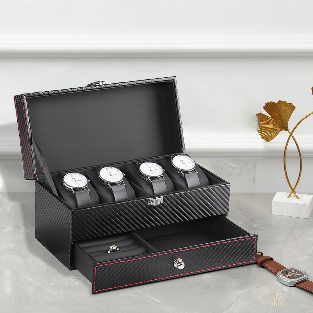 Trendbay Luxury Carbon Fiber Watch Display Box with Jewelry Drawer – 4-Slot Watch Organizer