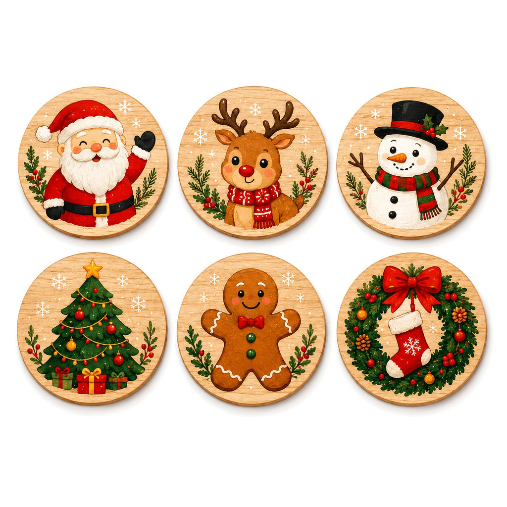 Trendbay 6pcs Wooden Christmas Coaster Set 10×10cm Festive Drink Mats