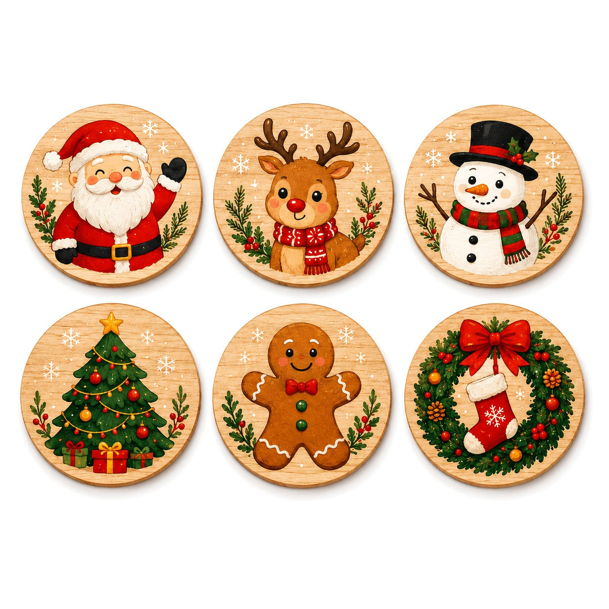 Trendbay 6pcs Wooden Christmas Coaster Set 10×10cm Festive Drink Mats