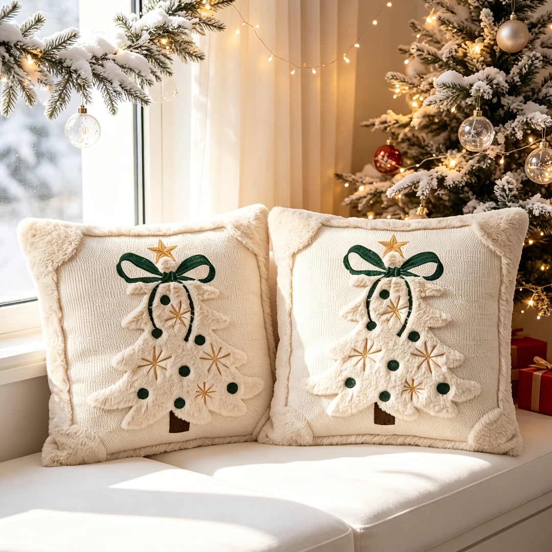 Trendbay Christmas Tree Cushion Cover Set of 2 Plush Bow & Star Design