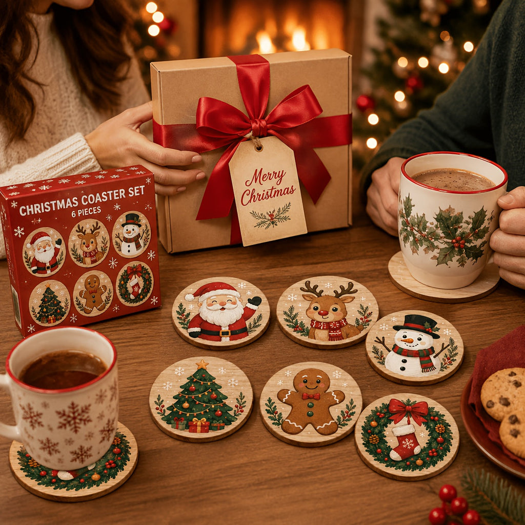 Trendbay 6pcs Wooden Christmas Coaster Set 10×10cm Festive Drink Mats