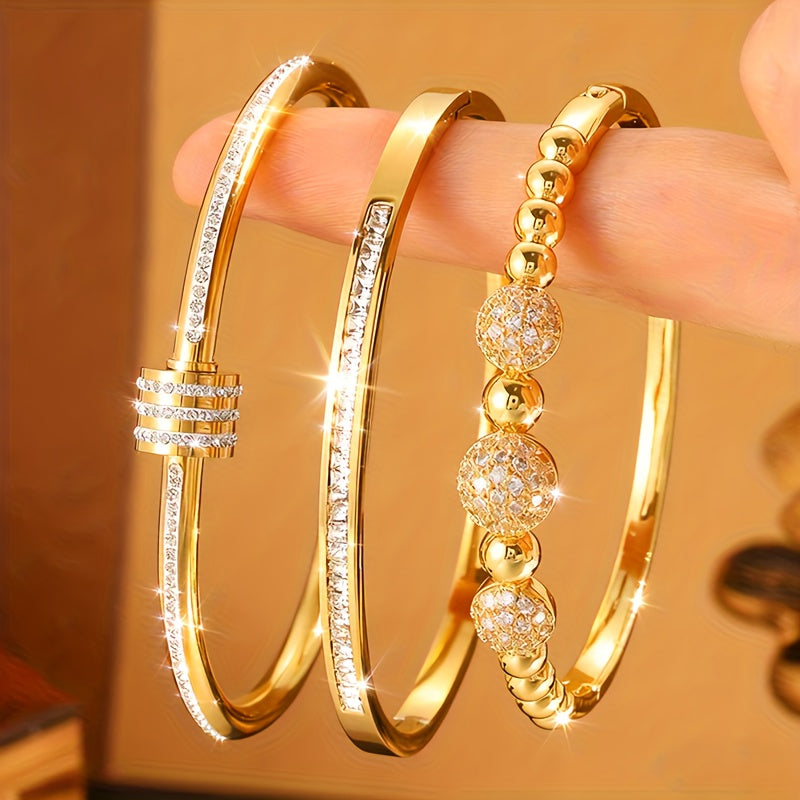Trendbay 3-Piece Stainless Steel Beaded Bracelet Set – Copper-Plated Fashion Jewelry for Women