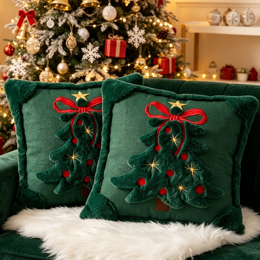 Trendbay Christmas Tree Cushion Cover Set of 2 Plush Bow & Star Design