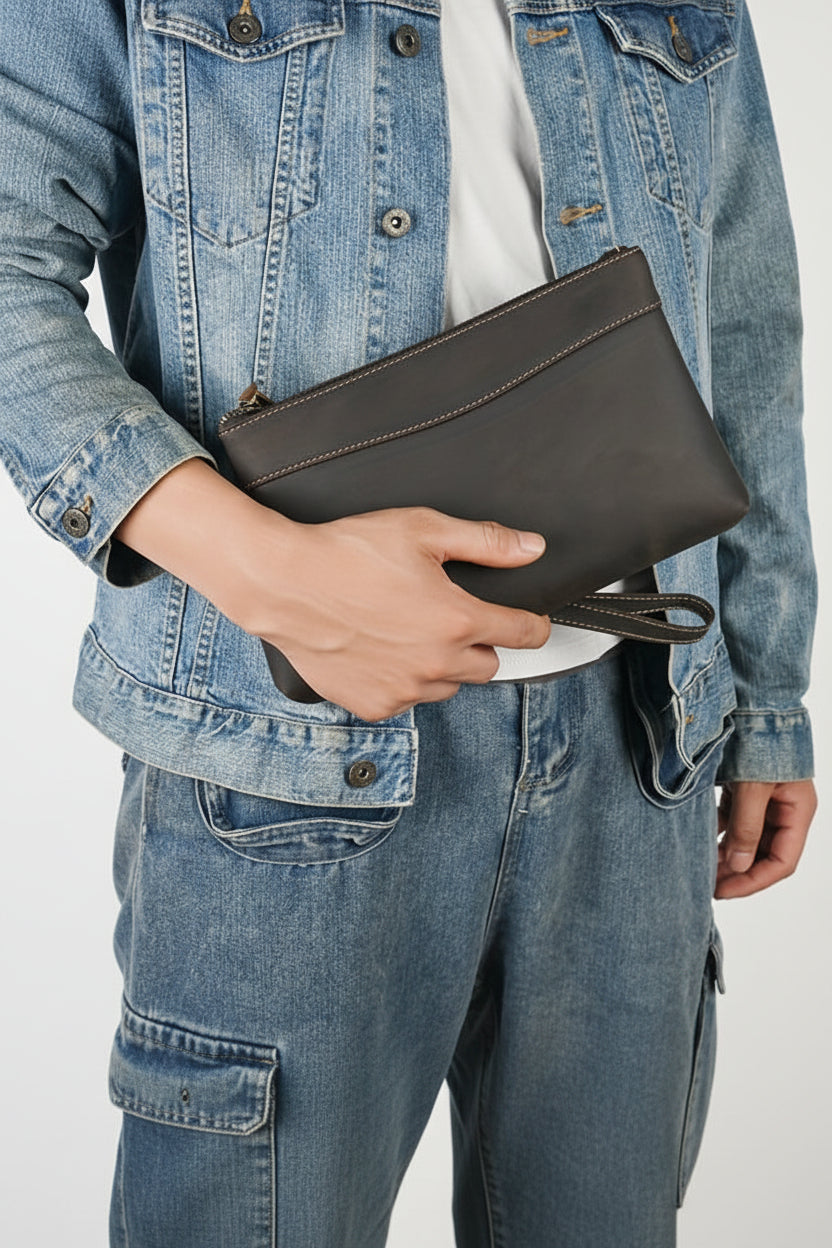 Trendbay Men's Genuine Leather Long Wallet Handbag with Wrist Strap