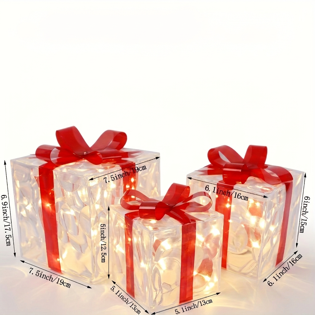 Trendbay 3pcs Christmas Gift Box Lights Transparent Decorative Boxes