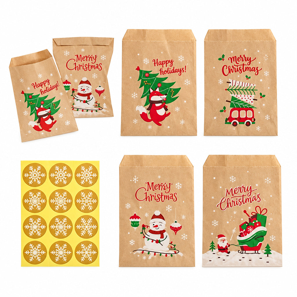 Trendbay Christmas Kraft Paper Gift Bags with Snowflake Stickers