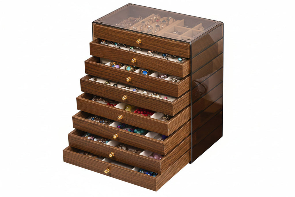 Trendbay 8-Layer Walnut Jewelry Box with Velvet Lining – Large Capacity Wooden Jewelry Organizer