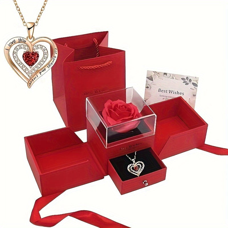 Trendbay Double-Layer Heart Pendant Necklace Gift Set with Rose Box & Greeting Card