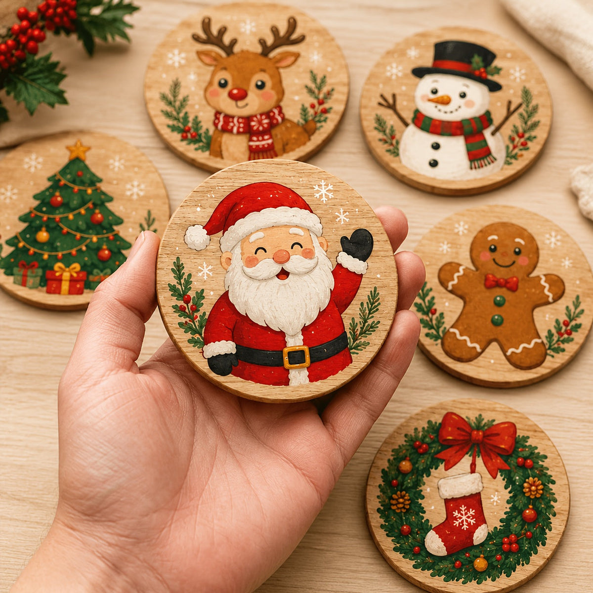 Trendbay 6pcs Wooden Christmas Coaster Set 10×10cm Festive Drink Mats