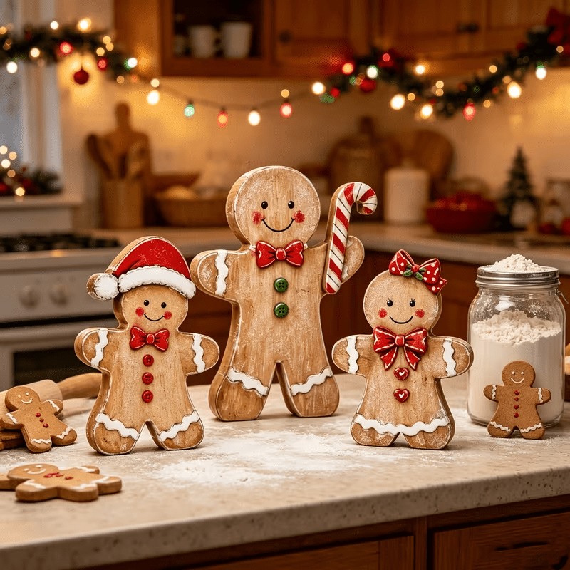 Trendbay Rustic Christmas Tiered Tray Décor Set of 3 Gingerbread, Santa Hat & Candy Cane