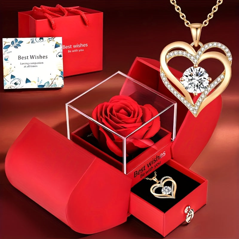 Trendbay Double-Layer Heart Pendant Necklace Gift Set with Rose Box & Greeting Card