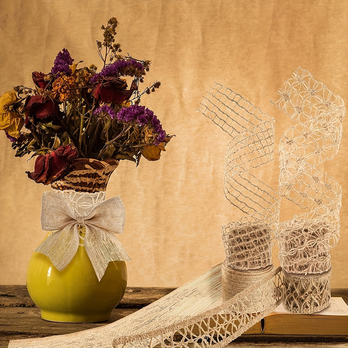 Trendbay 4-Roll Natural Hemp Rope Lace Net Ribbon 1.97-Inch