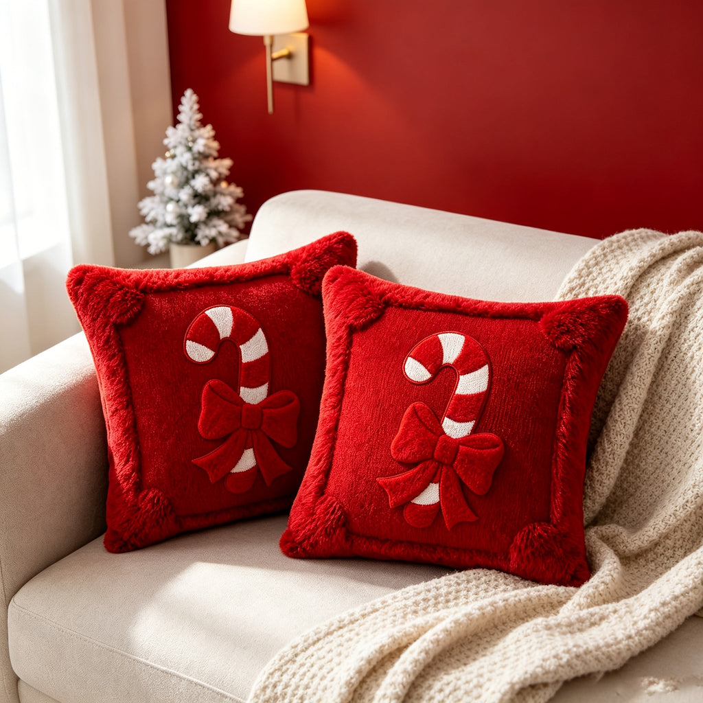 Trendbay Christmas Cushion Cover Set of 2 Plush Candy Ribbon Design