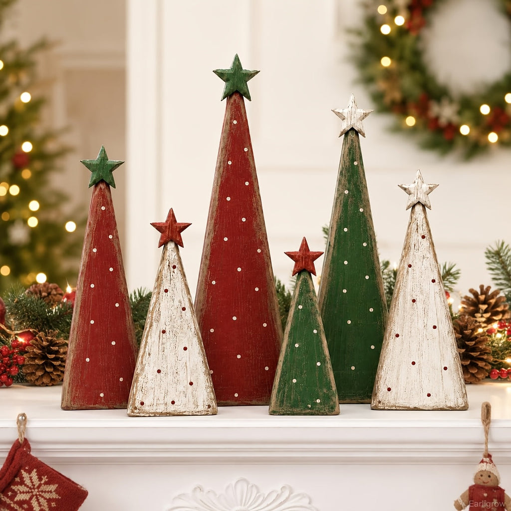 Trendbay 6pcs Retro Multi-Layer Flat Wooden Christmas Tree Ornament Set