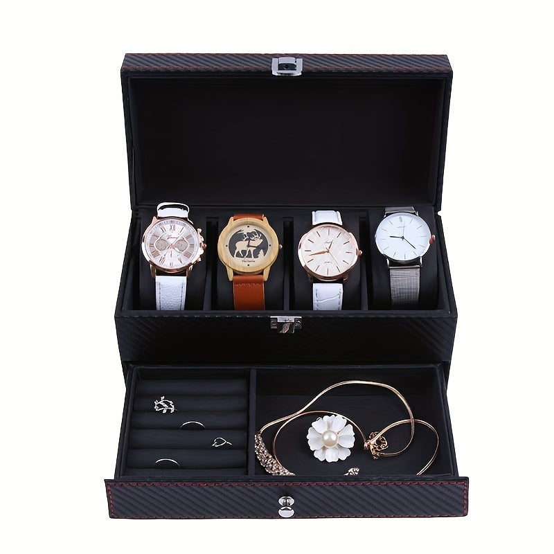 Trendbay Luxury Carbon Fiber Watch Display Box with Jewelry Drawer – 4-Slot Watch Organizer