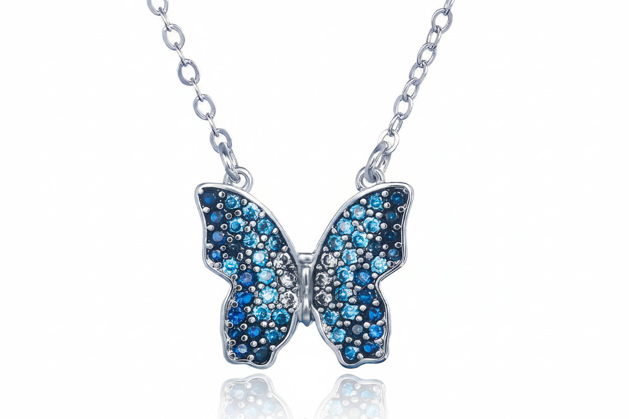 Trendbay 925 Sterling Silver Blue Butterfly Pendant Necklace with 5A Zirconia – Elegant Women's Jewelry Gift Set