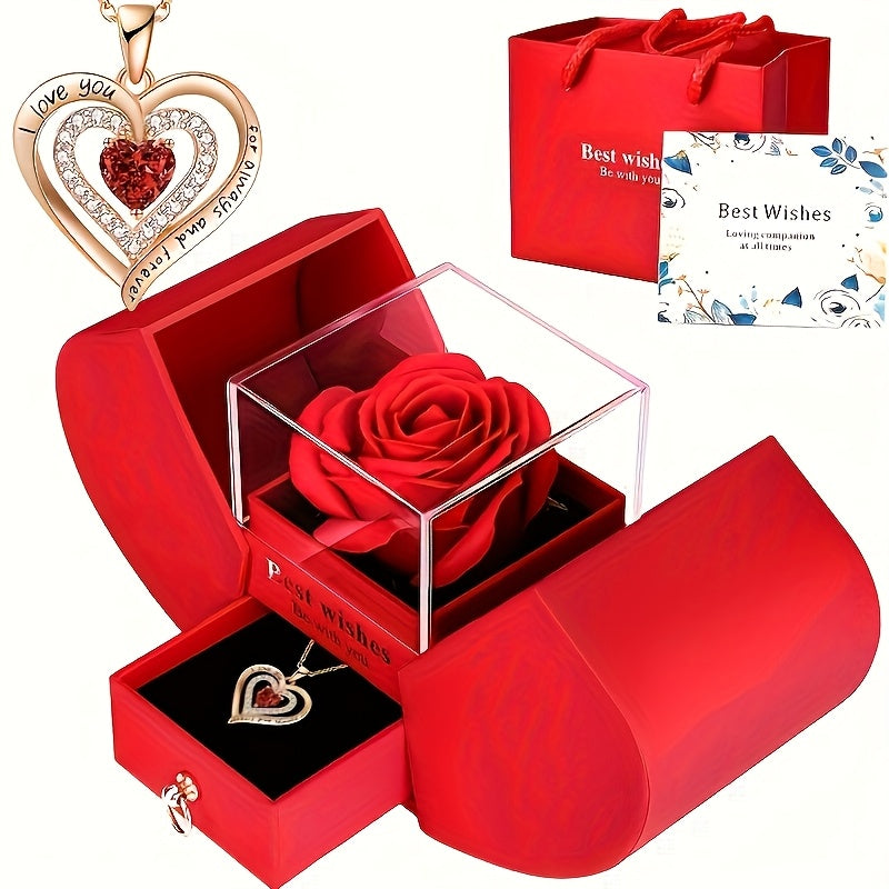 Trendbay Double-Layer Heart Pendant Necklace Gift Set with Rose Box & Greeting Card