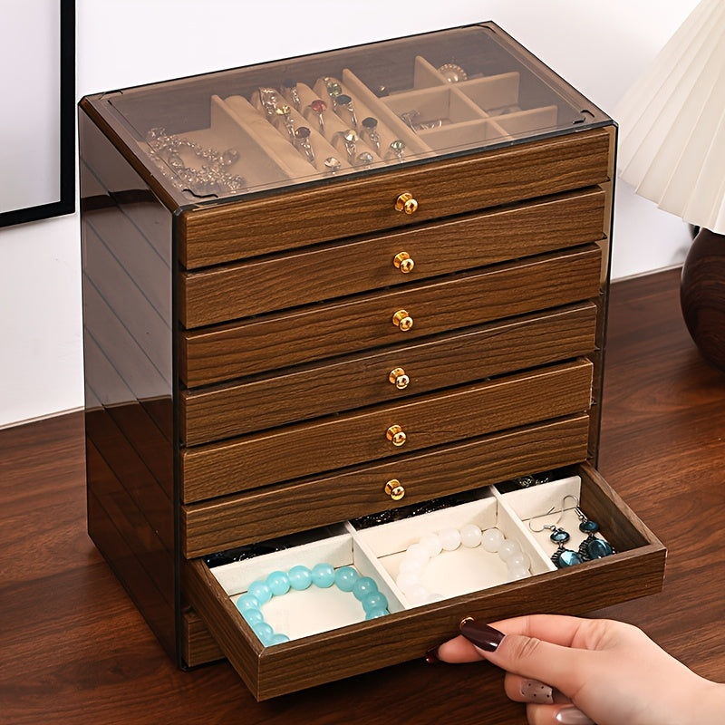 Trendbay 8-Layer Walnut Jewelry Box with Velvet Lining – Large Capacity Wooden Jewelry Organizer