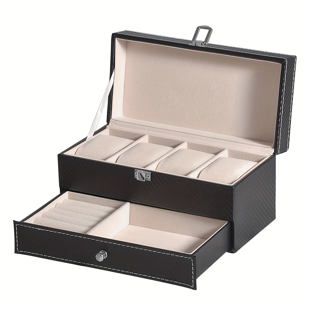 Trendbay PU Leather Double-Layer Jewelry & Watch Storage Box – 4-Slot Organizer for Watches and Accessories